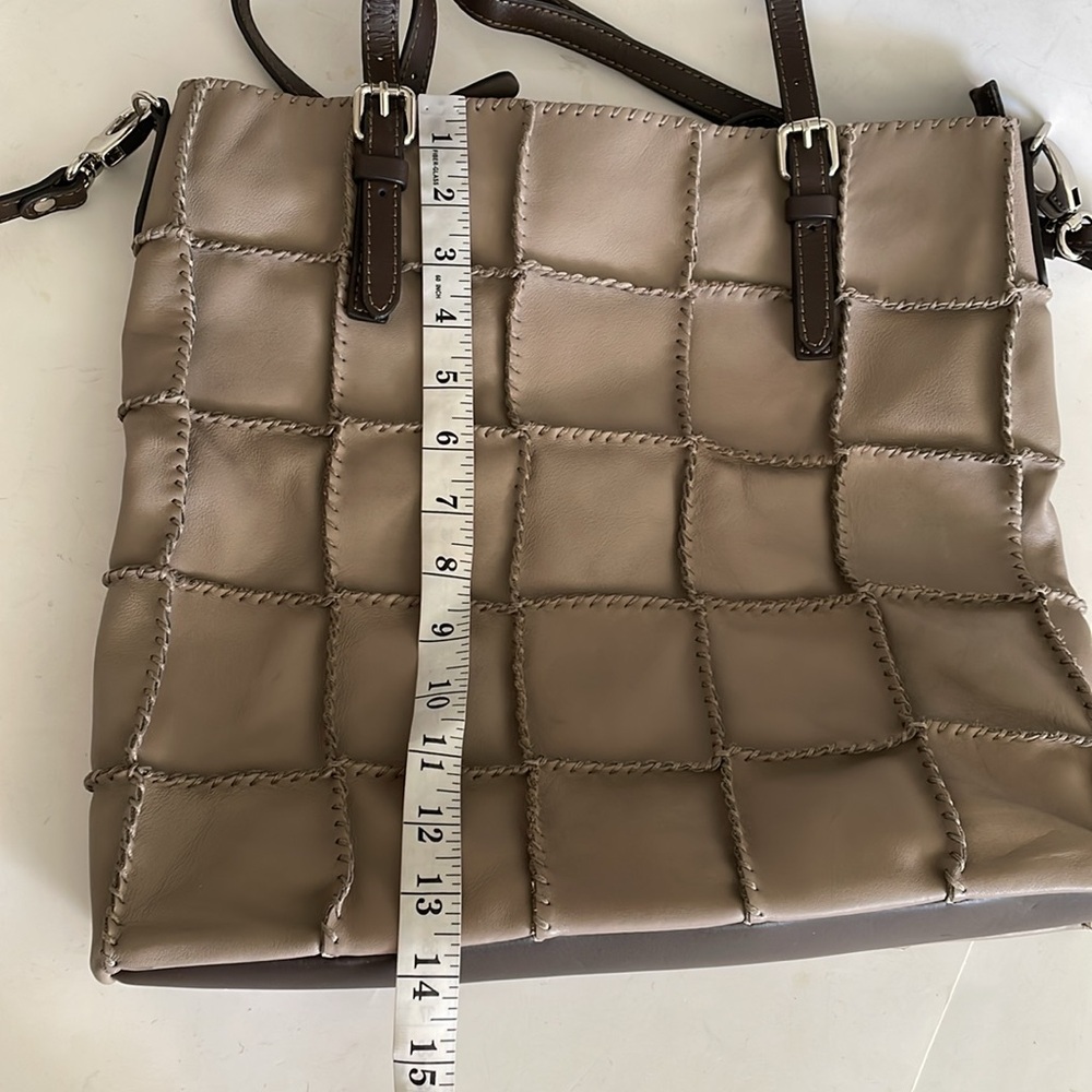 Gianni Conti Italian Taupe Beige Leather Patchwork Boho Satchel Tote Bag - Picture 8 of 10